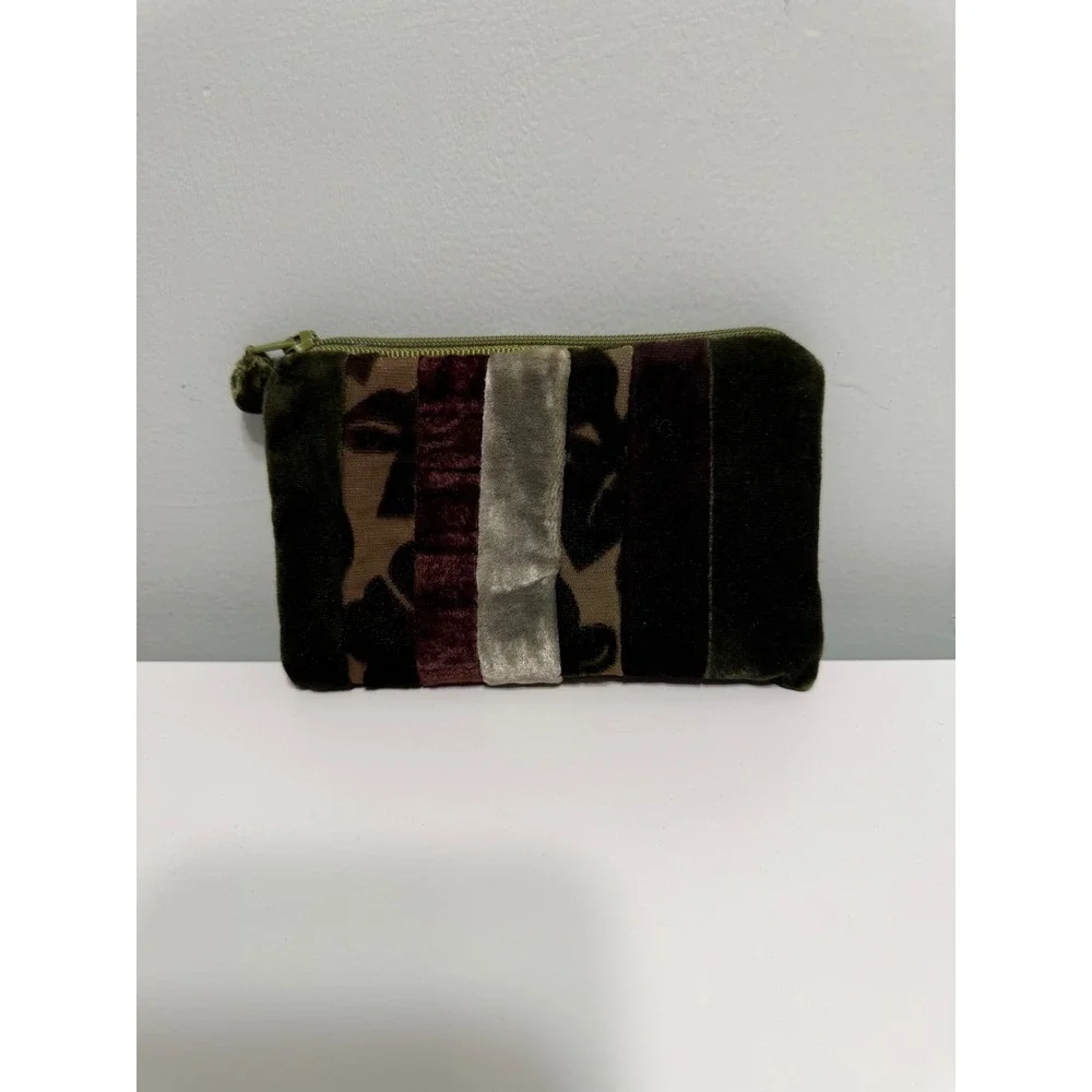 Unbranded Velvet Patchwork Pouch Women Small Green Multicolor Zippered Bag